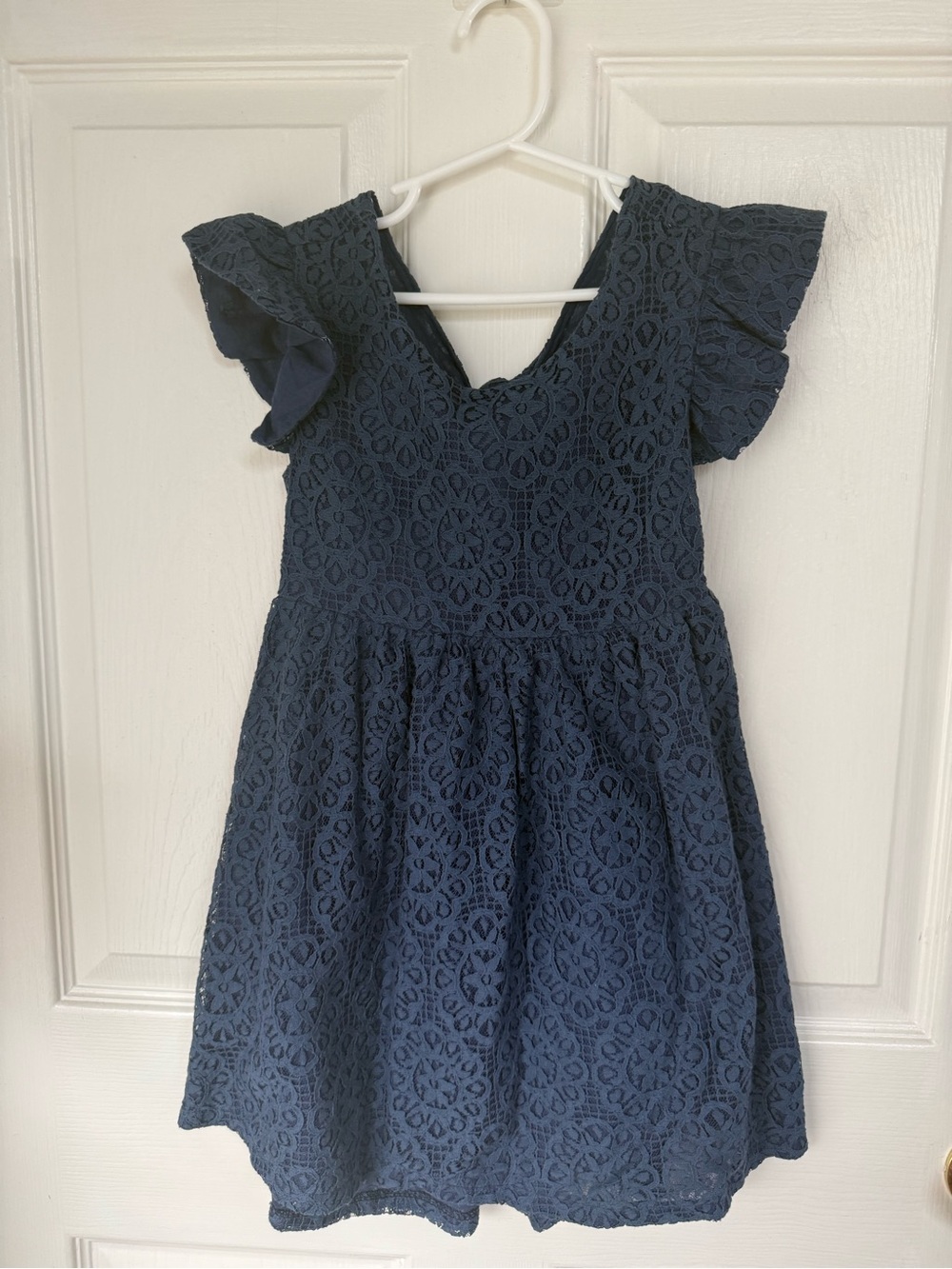 Girls Navy Lace Flutter Sleeve Dress